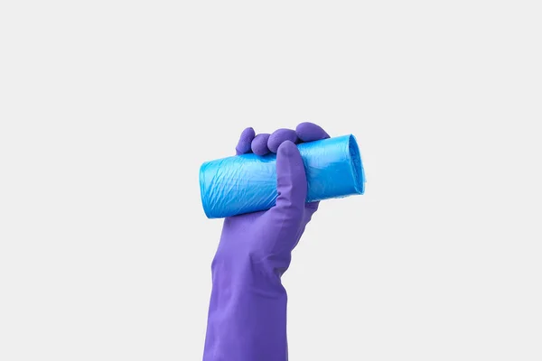 Hand Rubber Glove Roll Garbage Bag White Background — Stock Photo, Image