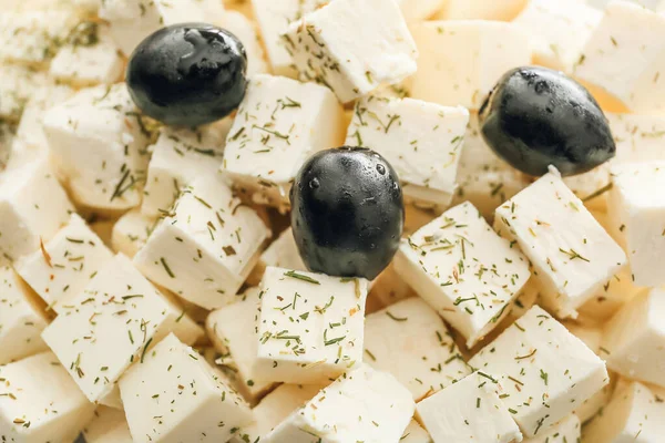 Delicious Pieces Feta Cheese Olives Background — Stock Photo, Image