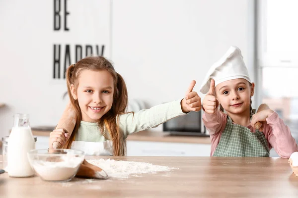 Cute Little Sisters Showing Thumb Kitchen — Stock Photo, Image