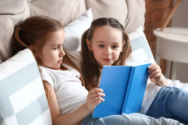 Cute Little Sisters Reading Book Bedroom — Stock Photo, Image