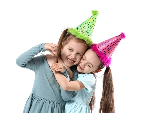 Cute Little Sisters Party Hats White Background — Stock fotografie