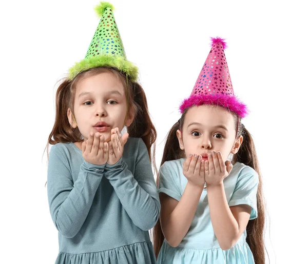 Cute Little Sisters Blowing Kiss White Background — Stock fotografie