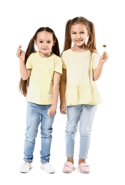 Cute Little Sisters Lollipops White Background — Stock Photo, Image