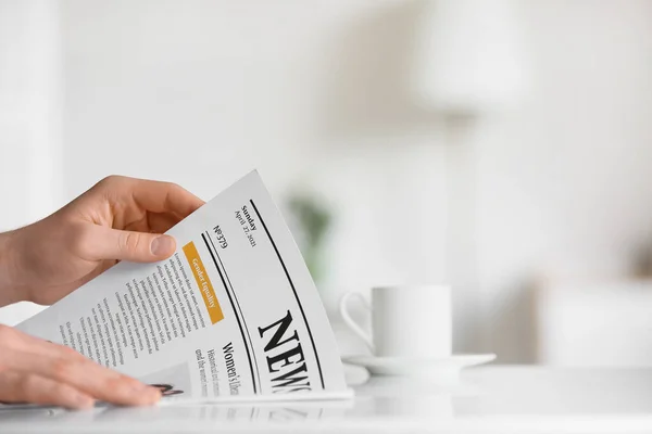 Young Man Reading Newspaper Home Closeup — Stock Photo, Image