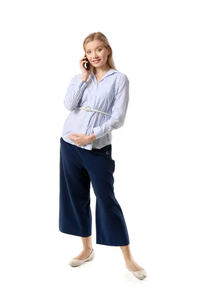 Pregnant Young Woman Talking Mobile Phone White Background — Stockfoto