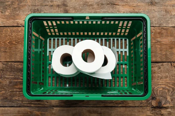 Shopping Basket Rolls Toilet Paper Wooden Background — ストック写真