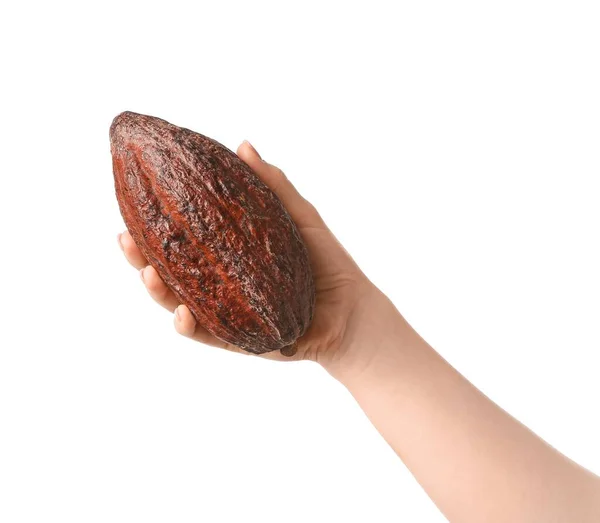 Vrouw Met Vers Cacao Fruit Witte Achtergrond — Stockfoto