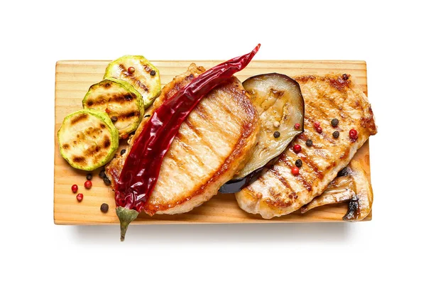 Board Tasty Grilled Vegetables Steaks White Background — Stock Photo, Image