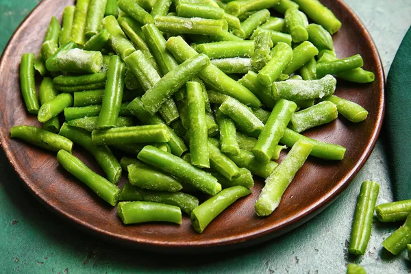 Plate Frozen Green Beans Color Background — Stock Photo, Image
