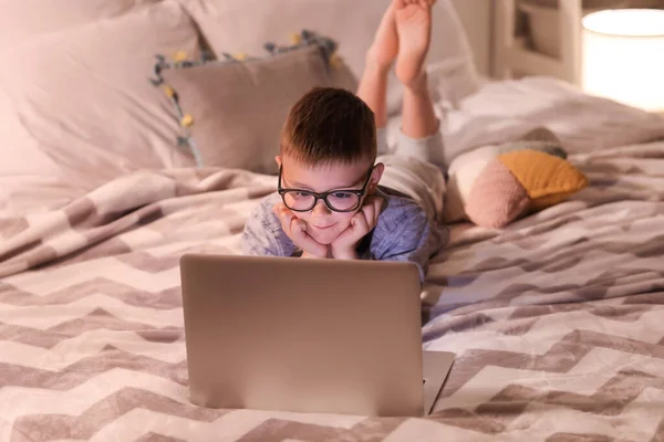Cute Boy Watching Cartoons Bedroom Night — Stock Photo, Image
