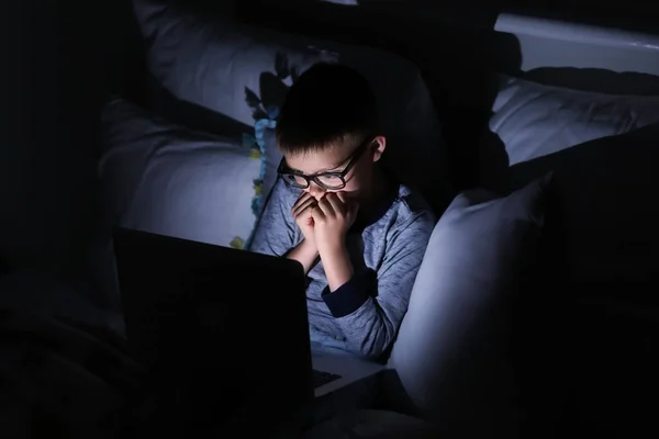 Cute Boy Watching Cartoons Bedroom Night — Stock Photo, Image