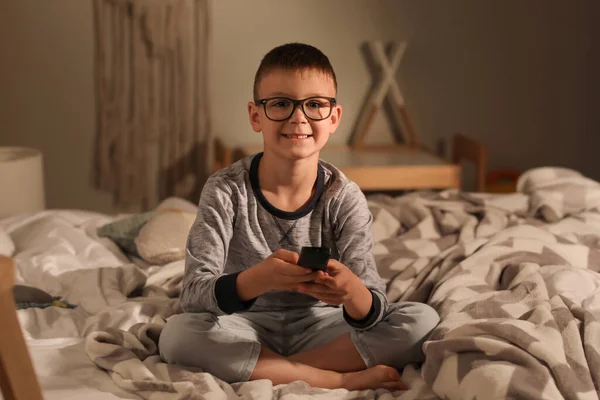 Cute Boy Watching Cartoons Bedroom Night — Stock Photo, Image