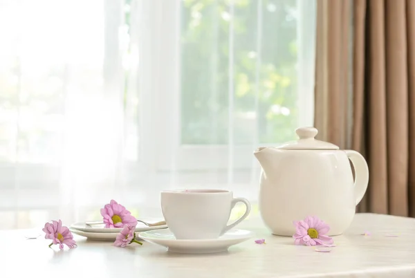 Cup Floral Tea Teapot Flowers Table Room — Φωτογραφία Αρχείου