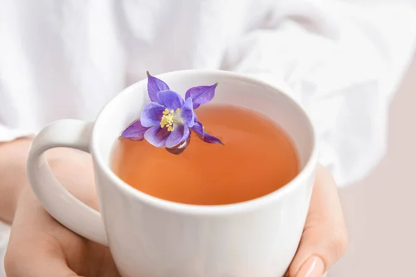 Woman Holding Cup Floral Tea Flower Closeup — Stock Photo, Image