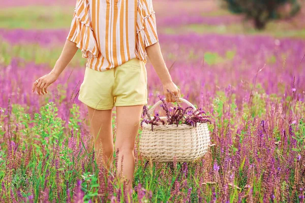 Yaz Günü Sepetinde Çiçekleri Olan Güzel Genç Bir Kadın — Stok fotoğraf