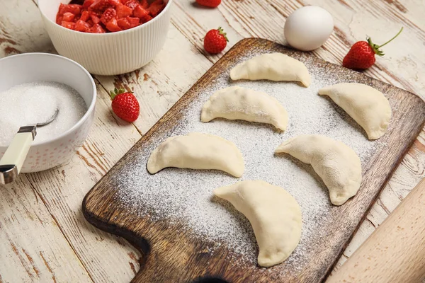 Composition Raw Dumplings Ingredients Light Wooden Background — Stock Photo, Image