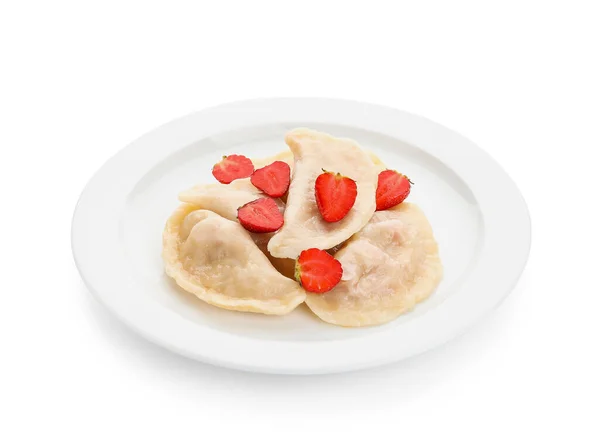 Πιάτο Νόστιμα Ζυμαρικά Και Φράουλα Λευκό Φόντο — Φωτογραφία Αρχείου