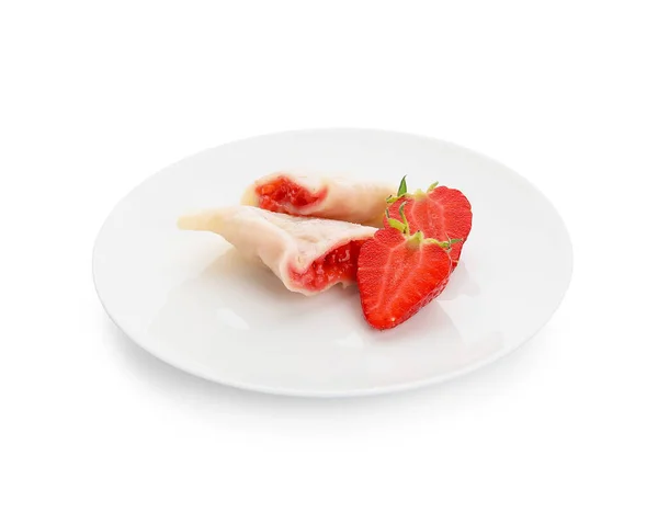 Plate Tasty Dumplings Strawberry White Background — Stock Photo, Image