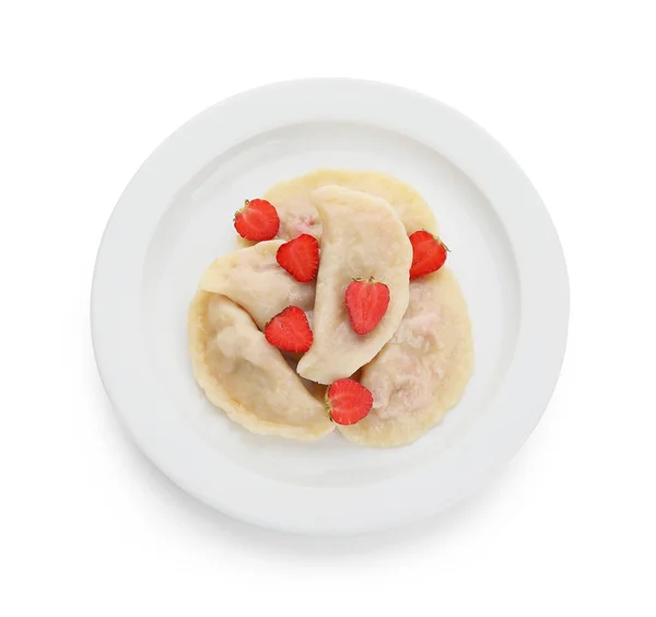 Πιάτο Νόστιμα Ζυμαρικά Και Φράουλα Λευκό Φόντο — Φωτογραφία Αρχείου