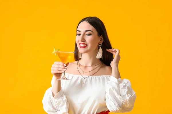 Beautiful Young Woman Cocktail Color Background — Stock Photo, Image