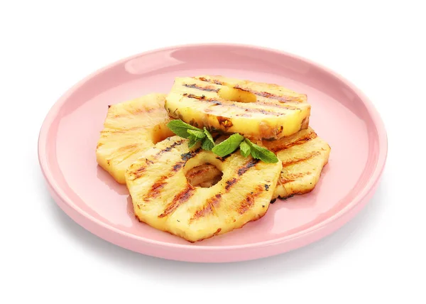 Plate Grilled Pineapple Slices Mint White Background — Stock Photo, Image