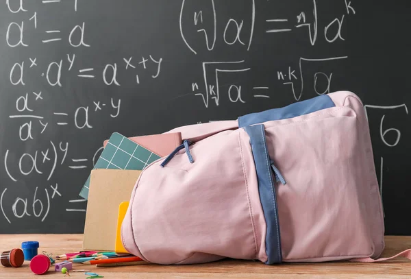 School Backpack Stationery Table Blackboard — Stock Photo, Image