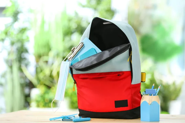 School Backpack Stationery Medical Mask Table Outdoors — Stok fotoğraf