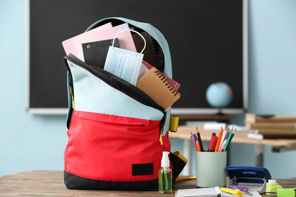 School backpack with stationery and medical mask on table in classroom