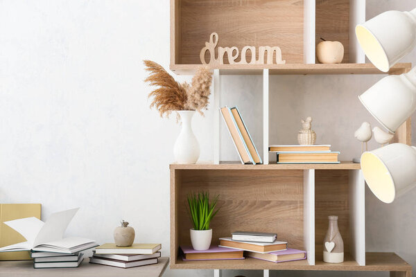 Shelf unit with books and decor near light wall