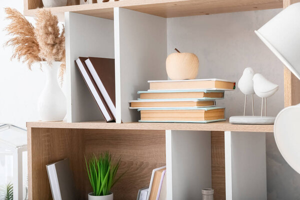 Stylish shelf unit with books and decor in room, closeup