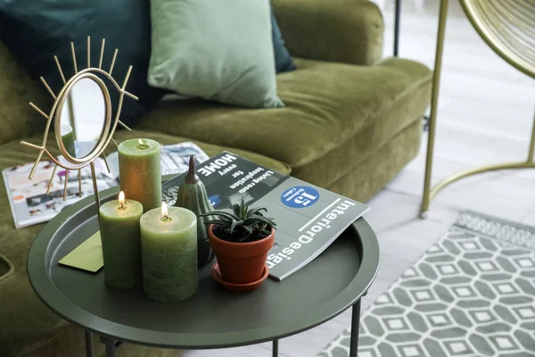 Burning Candles Mirror Magazine Houseplant Table Room — Stock Photo, Image