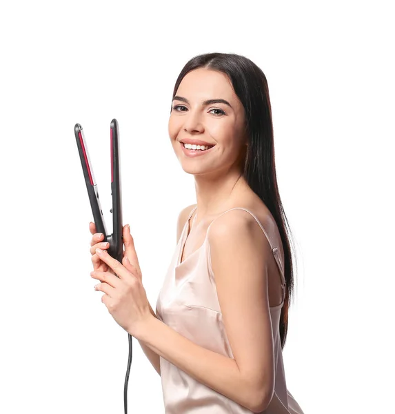 Beautiful Young Woman Flattening Iron White Background — Φωτογραφία Αρχείου