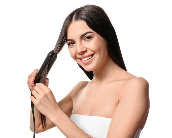 Beautiful Young Woman Flattening Iron White Background — Φωτογραφία Αρχείου