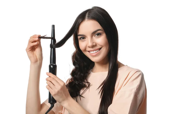 Beautiful Young Woman Curling Iron White Background — Φωτογραφία Αρχείου