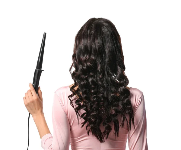 Beautiful Young Woman Curling Iron White Background — Stock Photo, Image