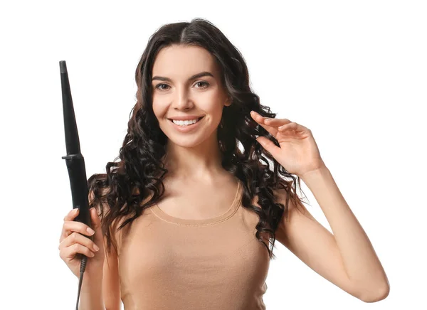 Beautiful Young Woman Curling Iron White Background — Stock Photo, Image