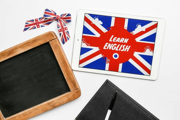 Tablet Computer Chalkboard Stationery White Background Concept Learning English — Fotografia de Stock
