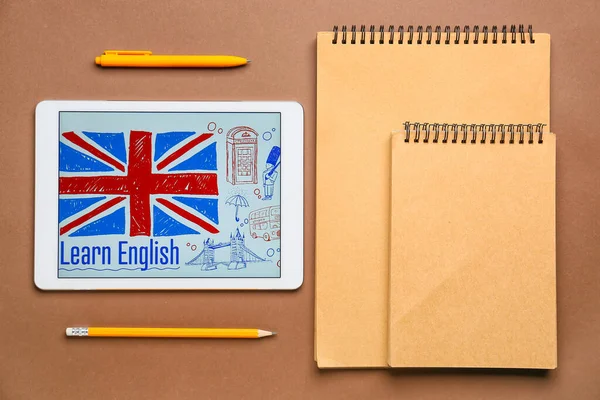 Tablet Computer Stationery Color Background Concept Learning English — Fotografia de Stock