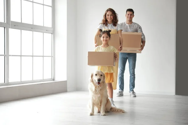 Happy Family Dog Moving Boxes New House — Stock Photo, Image