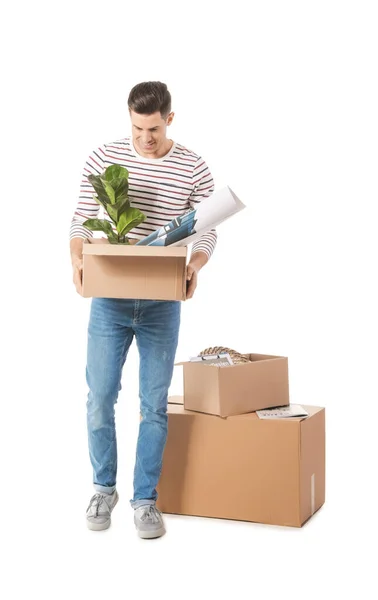 Handsome Man Moving Boxes White Background — Stock fotografie