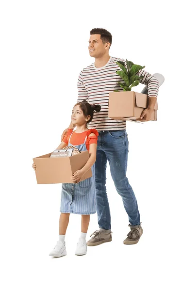 Father Daughter Moving Boxes White Background — Stock Photo, Image