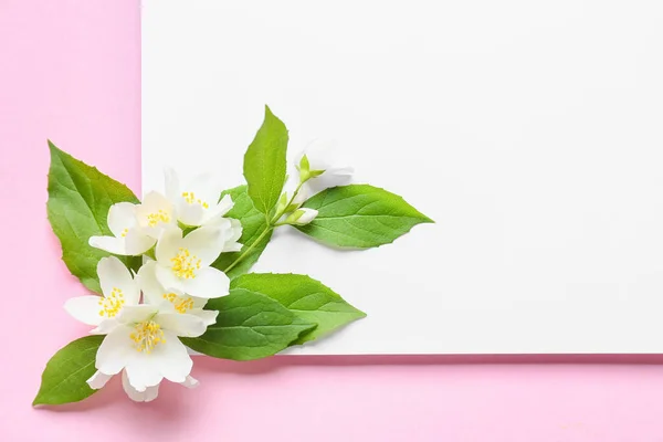 彩色背景上的空白纸片和美丽的茉莉花 — 图库照片