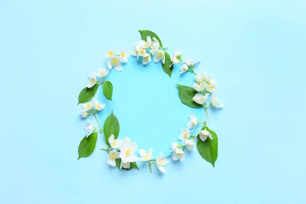 Blank Card Beautiful Jasmine Flowers Color Background — Stockfoto