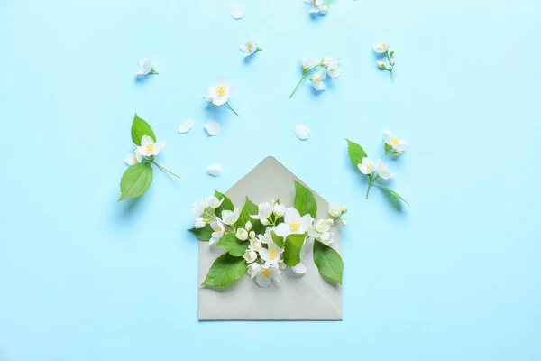 Envelope Beautiful Jasmine Flowers Color Background — Stockfoto
