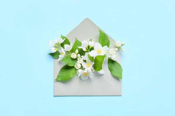 Envelope Beautiful Jasmine Flowers Color Background — Zdjęcie stockowe