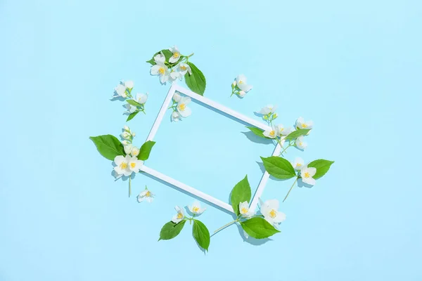 Empty Frame Beautiful Jasmine Flowers Color Background — Stock Photo, Image