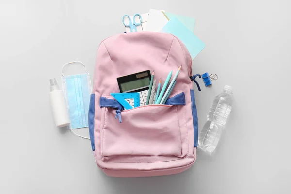 School Backpack Stationery Light Background — Stock Photo, Image