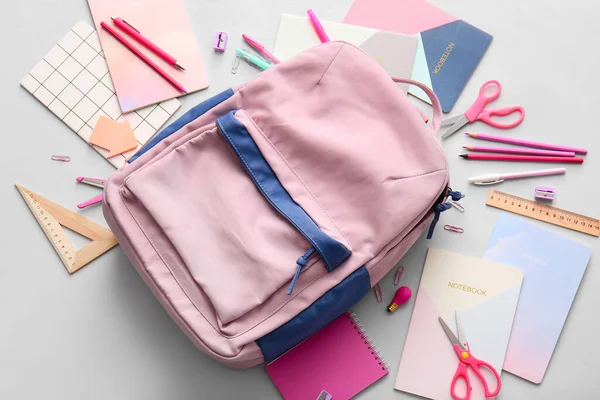 School Backpack Stationery Light Background — Stock Photo, Image