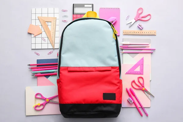 School Backpack Stationery Light Background — Stock Photo, Image