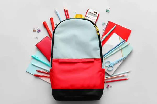 School Backpack Stationery Light Background — Stock Photo, Image